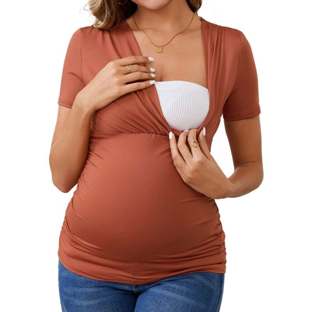 Maternity Nursing Tops Ruched Wrap V Neck Breastfeeding Blouse Reddish Brown